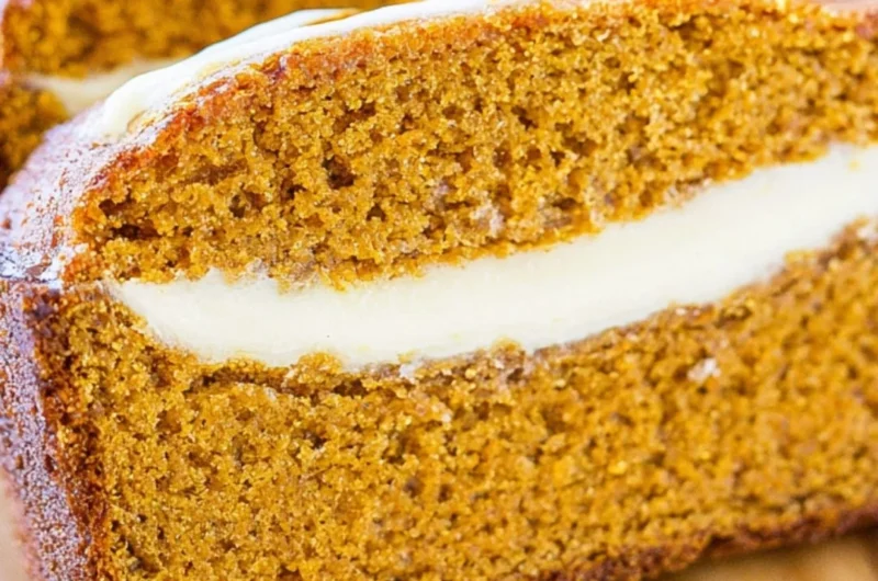 Cozy pumpkin bread with cream cheese drizzled on top