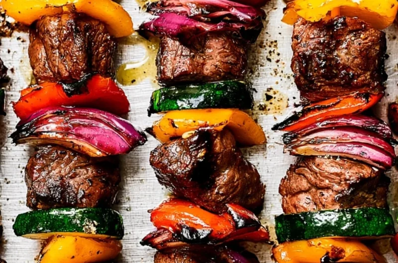 Delicious cozy steak kabobs with colorful vegetables on skewers
