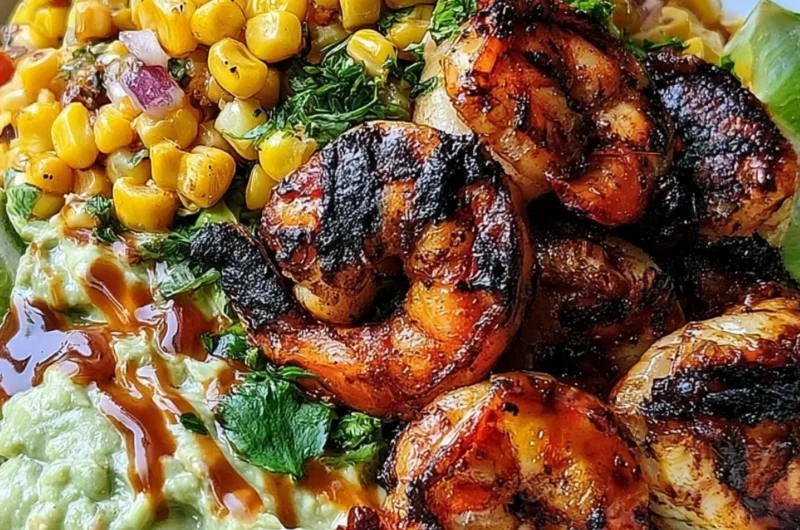 Easy grilled shrimp bowl with avocado and corn salsa