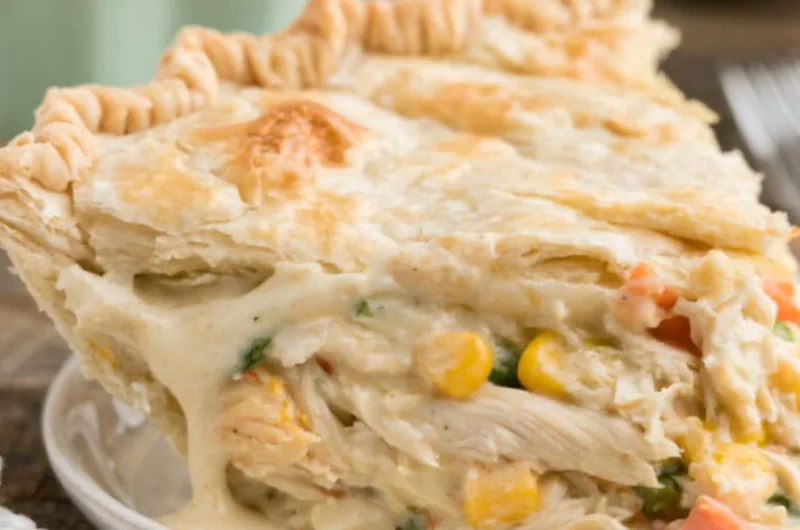 Delicious semi-homemade chicken pot pie served on a rustic wooden table.