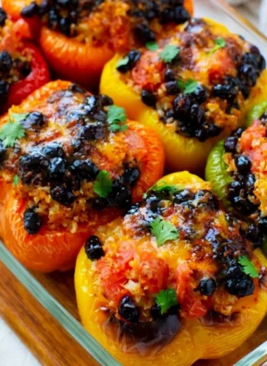 Delicious vegetarian stuffed peppers filled with grains and vegetables