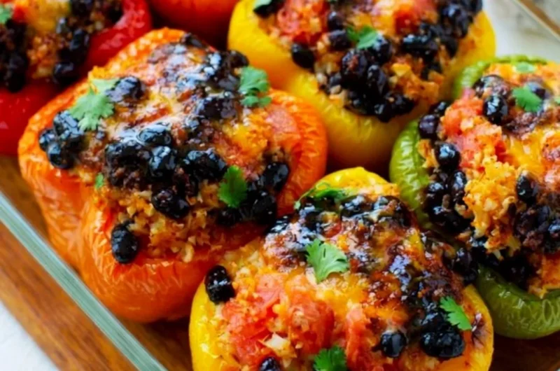 Delicious vegetarian stuffed peppers filled with grains and vegetables