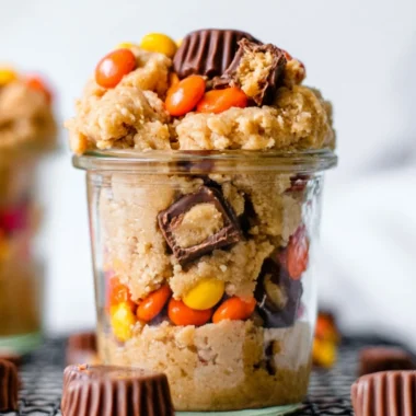 Bowl of edible peanut butter cookie dough with chocolate chips