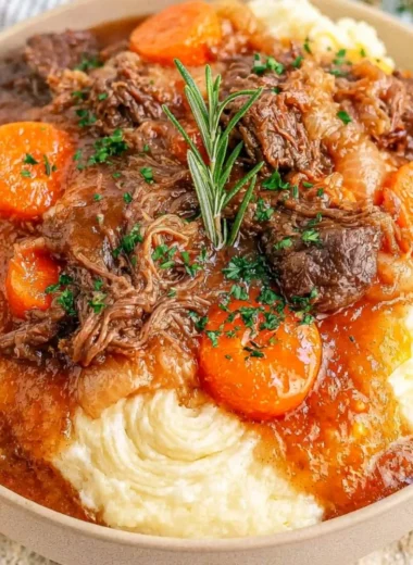 Delicious fall apple cider stew mash served in a rustic bowl with fresh herbs