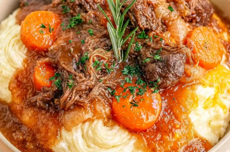 Delicious fall apple cider stew mash served in a rustic bowl with fresh herbs
