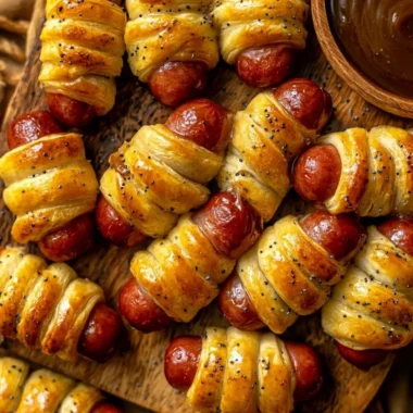 Delicious glazed pigs in a blanket served on a platter.