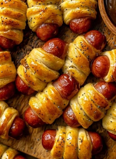 Delicious glazed pigs in a blanket served on a platter.