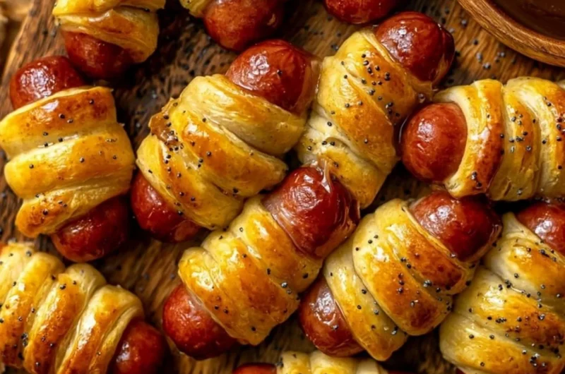 Delicious glazed pigs in a blanket served on a platter.