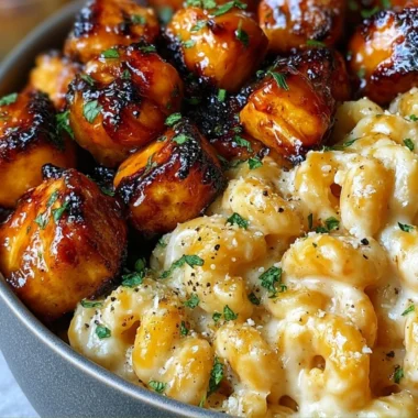 Honey Garlic Butter Chicken served with Mac and Cheese in a delicious dish