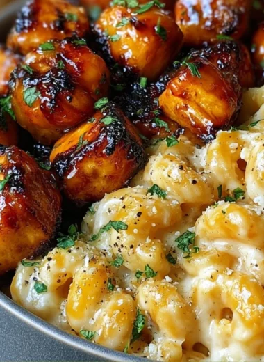 Honey Garlic Butter Chicken served with Mac and Cheese in a delicious dish