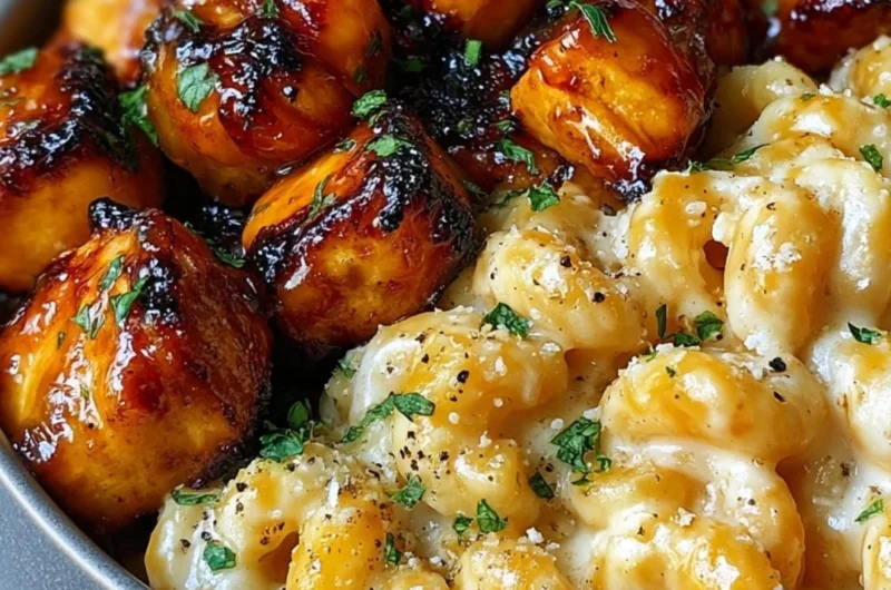Honey Garlic Butter Chicken served with Mac and Cheese in a delicious dish