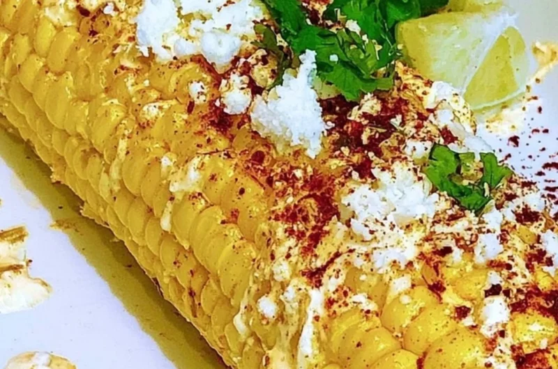 Delicious Mexican corn elotes topped with creamy sauce and cheese