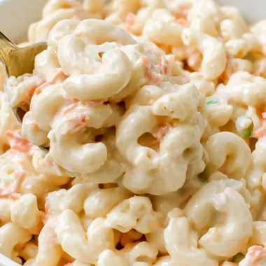 Ono Hawaiian BBQ macaroni salad in a bowl, garnished and ready to serve.