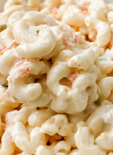 Ono Hawaiian BBQ macaroni salad in a bowl, garnished and ready to serve.