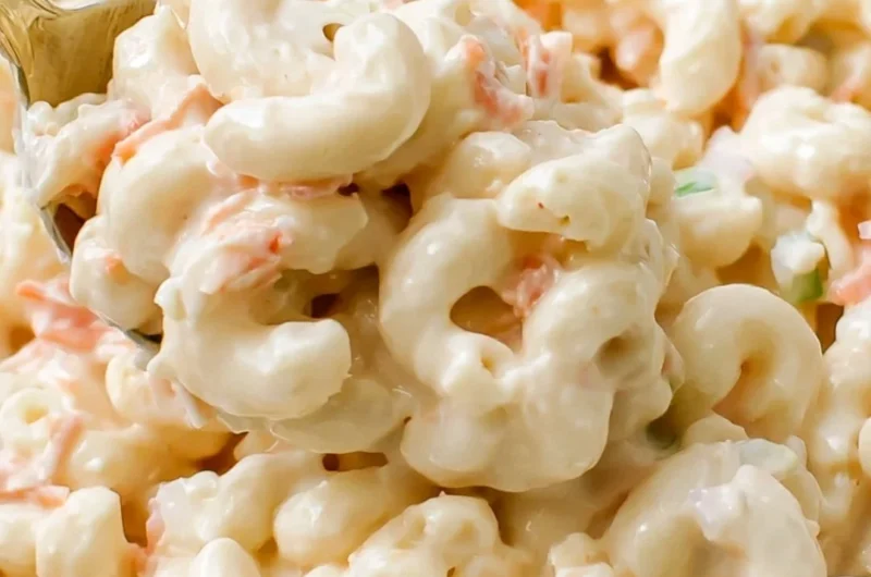 Ono Hawaiian BBQ macaroni salad in a bowl, garnished and ready to serve.