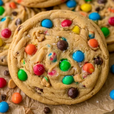Delicious Peanut Butter M&M Cookies with colorful candies on a plate