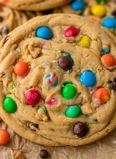 Delicious Peanut Butter M&M Cookies with colorful candies on a plate