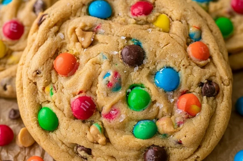 Delicious Peanut Butter M&M Cookies with colorful candies on a plate