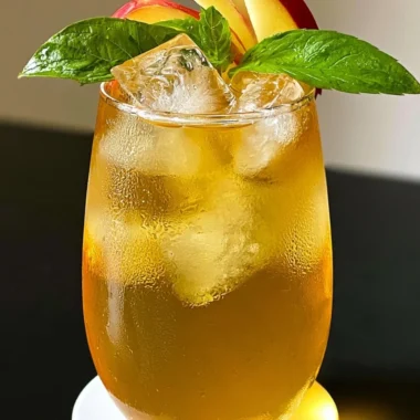 A refreshing glass of iced apple green tea with apple slices and ice cubes