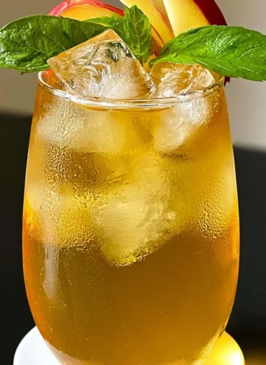 A refreshing glass of iced apple green tea with apple slices and ice cubes