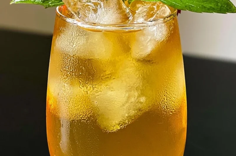 A refreshing glass of iced apple green tea with apple slices and ice cubes