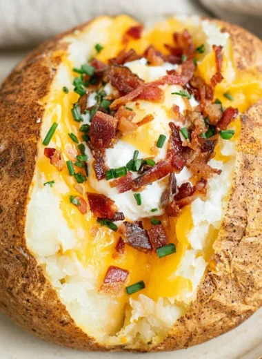 Delicious smoked baked potatoes on a wooden table ready to serve.