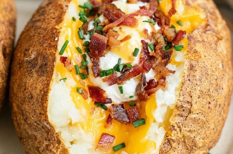 Delicious smoked baked potatoes on a wooden table ready to serve.