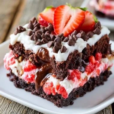 Strawberry Earthquake Cake with chocolate and strawberry layers on a plate
