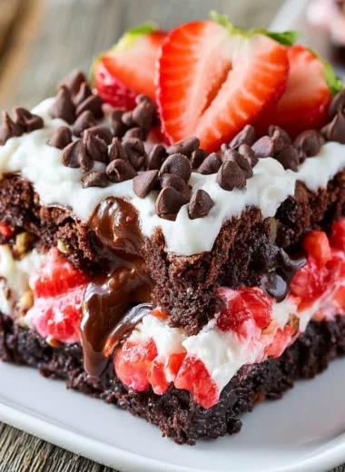 Strawberry Earthquake Cake with chocolate and strawberry layers on a plate