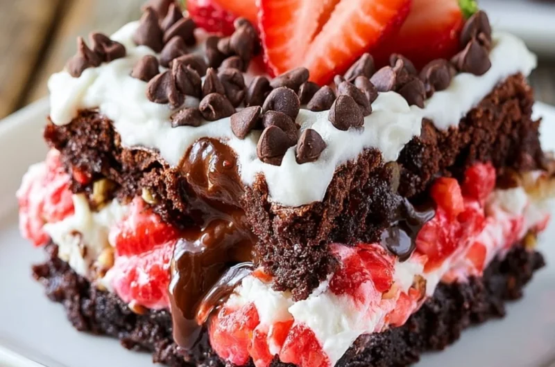 Strawberry Earthquake Cake with chocolate and strawberry layers on a plate