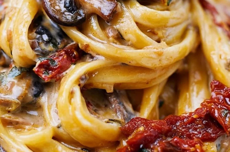 Sun-Dried Tomato Mushroom Pasta served in a bowl, garnished with fresh herbs.