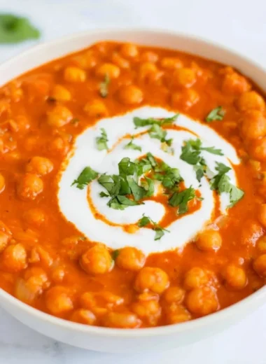 Vegan chickpea curry served in a bowl with spices and herbs
