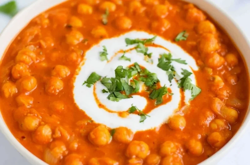 Vegan chickpea curry served in a bowl with spices and herbs
