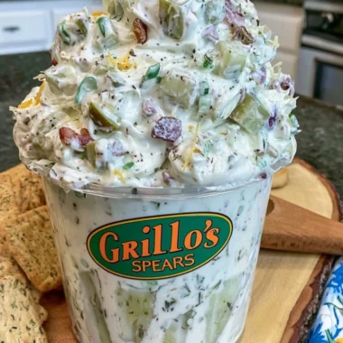 Delicious Grillo's Pickle Dip served with a variety of snacks