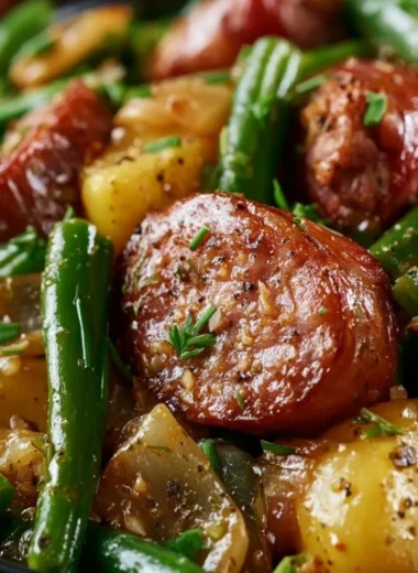 Cozy Crockpot sausage with green beans dish served in a bowl