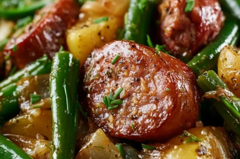 Cozy Crockpot sausage with green beans dish served in a bowl
