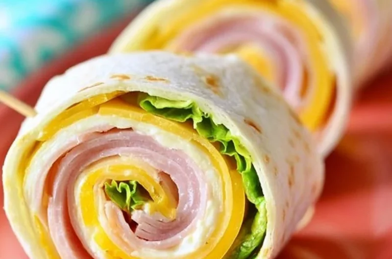 Cozy ham and cheese pinwheels ready to enjoy as a tasty snack or appetizer.