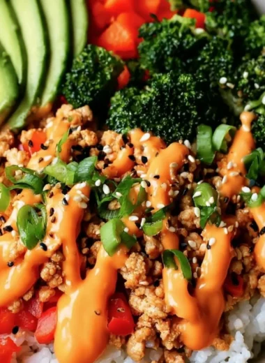 Easy Bang Bang Turkey bowls served in a bowl with fresh vegetables and sauces.