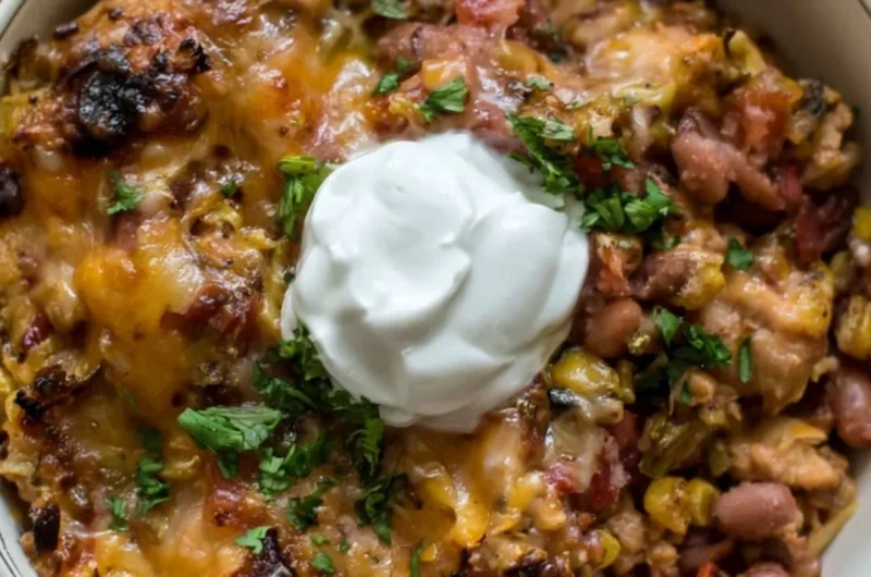 Healthy chicken casserole with vegetables, baked in a creamy sauce.