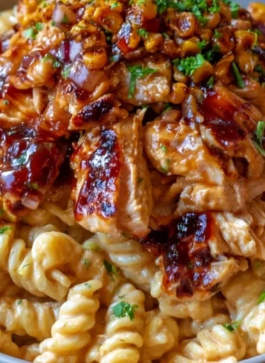 High protein BBQ chicken pasta salad served in a bowl with fresh ingredients