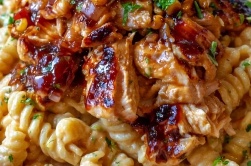 High protein BBQ chicken pasta salad served in a bowl with fresh ingredients