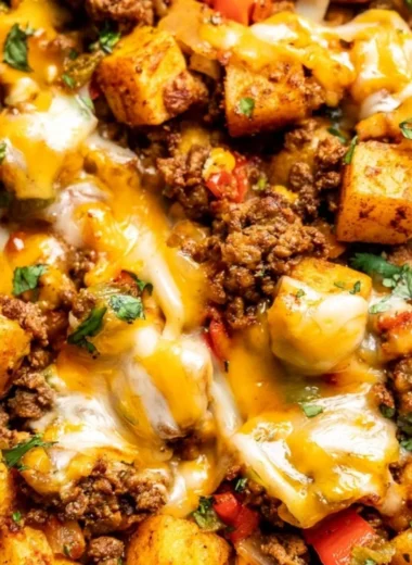 Mexican Ground Beef and Potato Skillet served in a cast iron pan