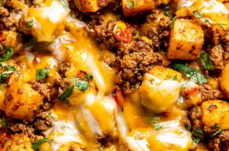Mexican Ground Beef and Potato Skillet served in a cast iron pan